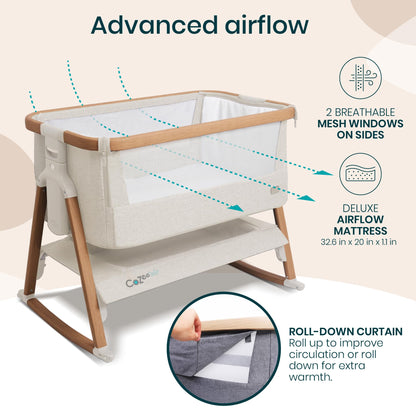 Tutti Bambini CoZee® Air Baby Bassinet & Bedside Sleeper - Rocking Bassinet for Baby, Fast-Folding with Travel Bag, Deluxe Airflow Mattress & 6 Mattress Heights, 0-6 Months (Walnut & Ecru)