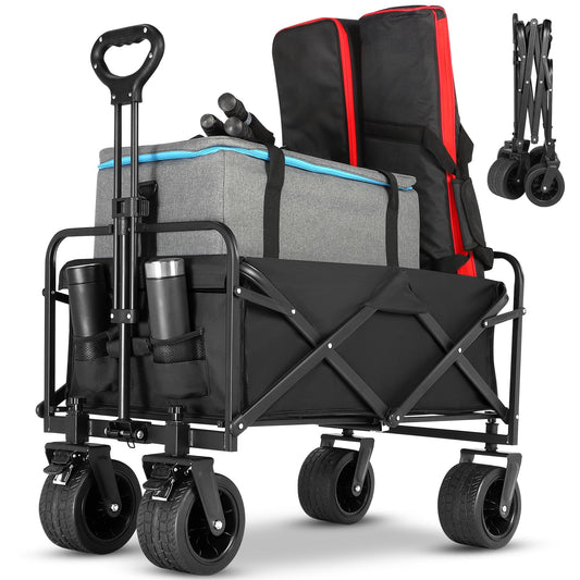 EVLIQUIL Collapsible Foldable Beach Wagon,Folding Wagon Cart with Big Wheels,Utility Grocery All Terrain Wagons carts Foldable with Brakes for Sand Camping Sports Outdoor(Deep Black).