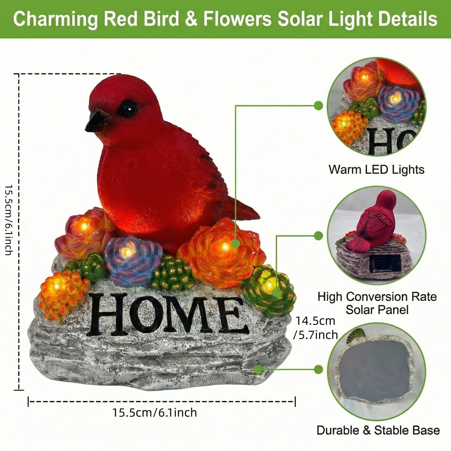 DECOUE Solar Garden Statue with Bird & “Home” Sign, Solar Bird Light Outdoor Decor with Warm LED Glow, Garden Decor for Outside Yard Patio Walkway, Decorative Garden Statue with Succulent Accents