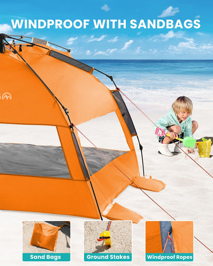 OutdoorMaster Beach Tent Sun Shelter for 3-4 Person, Pop Up Beach Tent Easy Setup with Sandbags, Portable Sun Shade Canopy with Carrying Bag for Beach & Outdoor, UPF50+ UV Protection - Orange