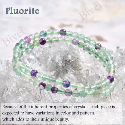 Bivei Fluorite - Cleansing - 4mm Beaded Bracelets for Women Handmade Semi Precious Natural Stone Stretch Elastic Jewelry Yoga Protection Gifts