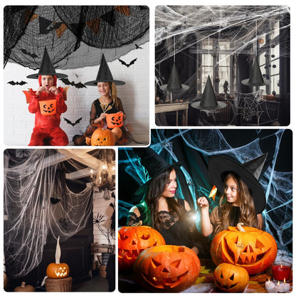 Sublaga 75 Pcs Halloween Decorations Kit, Halloween Witches Hats Black | Hanging Witch Hats Decorations with Spider Web and 18 Pieces Bats Decorations, 30 Pcs Spiders, 12 Brooms Halloween Decor