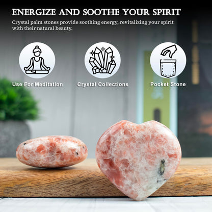 Crocon Sunstone Gemstone Big Heart Hand Carved Puff Stones Set Pocket Crystals Healing Tumble Collection Palm Worry Pocket Stone Good Luck Charm Gift Craft Home Decor Size 2 inch