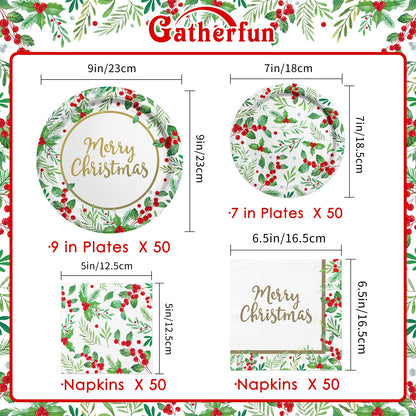 Christmas Party Supplies, Serve 50, Christmas Seasonal Holly Tableware Includes: Paper Dinner Plates, Dessert Plates, Luncheon Napkins and Beverage napkins, Great for Party Decorations