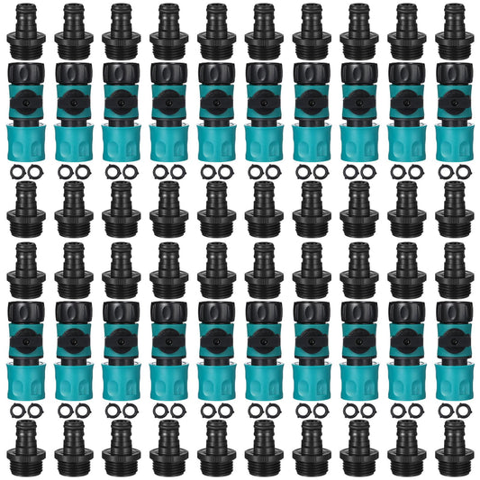 Threlaco 20 Pcs 3/4 Inch Plastic Garden Hose Connect Hose Quick Connector with Valve 40 Pcs Rubber Washers and 40pcs Male Adapter for Water Hose Coupling (Simple Style)