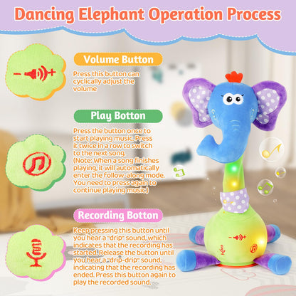 LLUKEME Dancing Talking Elephant Toy, Stuffed Animal Baby Toy Repeating What You Say, Easter Toys for Kids Glowing Musical Electronic with Wiggly Trunk Gifts for Toddlers 1-3 Years Old