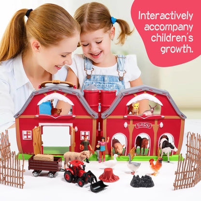 EnAuRoL Red Barn Farm Animals Toys, 28PCS Animals Figures and Farm Tractor Playset, Educational Learning Toys for Toddlers and Kids 3 4 5 Year Old Boys and Girls Birthday Festival Gift