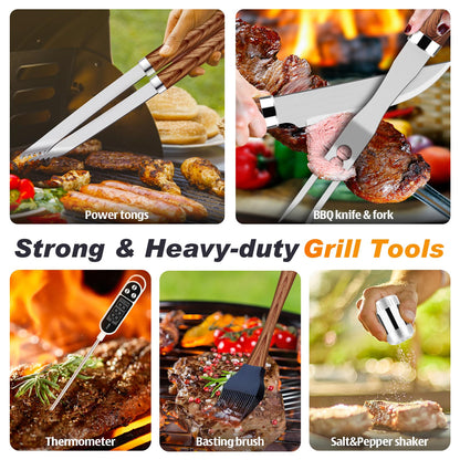 ROMANTICIST 26pcs Grilling Gifts for Men, Dad Gifts for Father's Day, Stainless Steel BBQ Grill Accessories Tools Set, Heavy Duty BBQ Utensils Kit with Apron, Thermometer, Mats in Aluminum Case Brown