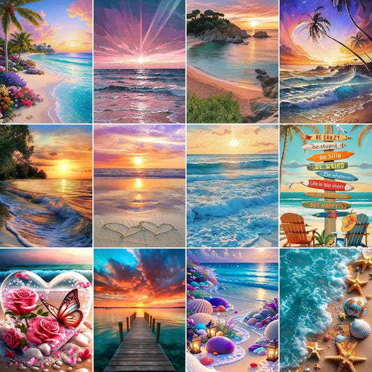 12 Pack Summer Beach 5D diamond painting Kits, Full Drill Ocean Theme 5D diamond art kits for adults, Colorful Coastal gem art kits, art dot painting Set for Beach Home Wall Decor 9.8x13.8 Inch