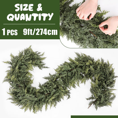 Jutom 1 Pcs 9 ft Christmas Cedar Garland - Dual Green Realistic Cedar Pine Needles Garland Artificial Decoration for Table, Mantel, Wall - Home Winter Holiday Party Decor