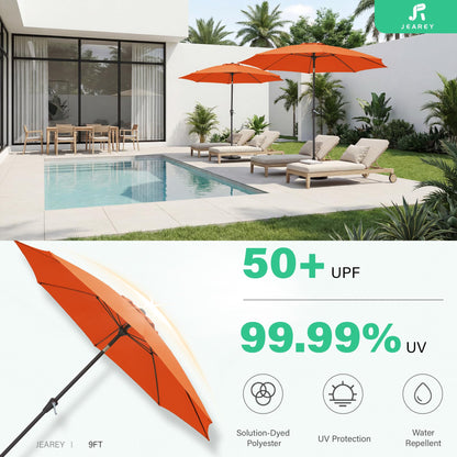 JEAREY 9FT Outdoor Patio Umbrella,Market Table Umbrella with 8 Fiberglass Ribs, Pool Umbrella with Tilt and Crank, UV Protection Lightweight & Wind-Resistant for Lawn, Garden, Deck and Backyard, Orange