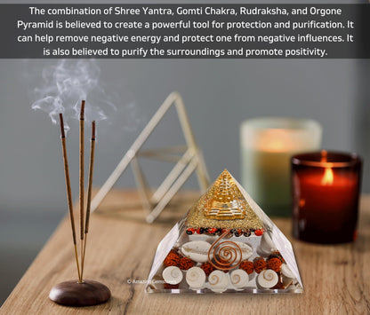 Amazing Gemstone Laxmi Yantra Orgone Pyramid Gomati Chakra, Rudraksha, Cowrie Kodi Maha Laxmi Pyramid Crystals and Healing Stones - Authentic Orgonite & Organite Gifts for Home Vastu Stone