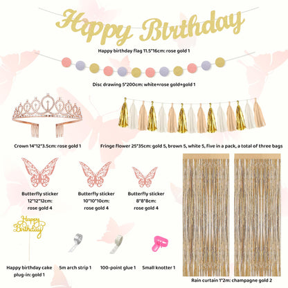 Ouddy Life Birthday Decorations for Women Girls, Neutral Foil Star Balloons Happy Birthday Circle Dots Banner Fringe Curtains Cake Topper Butterfly Paper Pompoms for Baby Shower Party Supplies