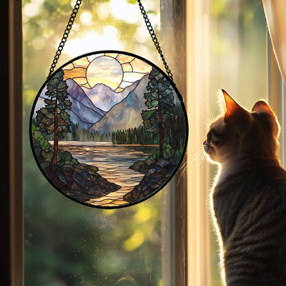 AMDERVEN Stained Glass Window Hanging, Sunset Mountains Lake Tree Sun Catcher for Window Home Decor Landscape Suncatcher Mother's Day Birthday Gifts for Women Men Mom and Nana 6.3 in