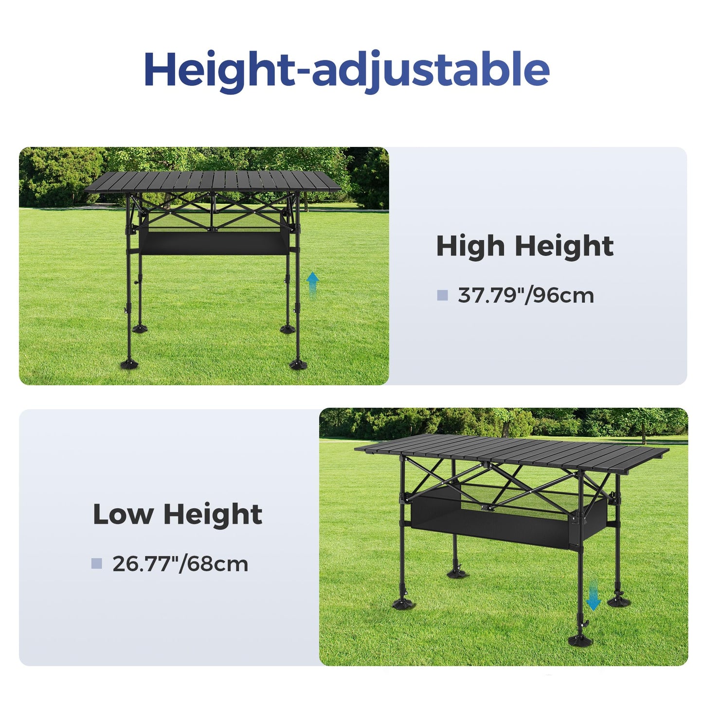ALPHA CAMP Camping Table Outdoor Portable Adjustable Aluminum Table with Storage for Grill Travel Picnic Beach BBQ Backyards