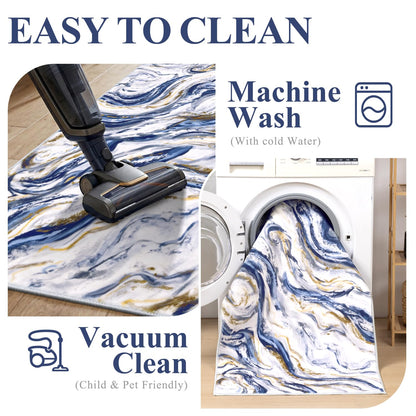 Yamaziot 2x8 Washable Runner Rug for Kitchen Hallways, Modern Abstract Non-Slip Rug with Rubber Backing, Stain Resistant & Low Pile Carpet Runner for Bedroom, Laundry, Entrance,Blue