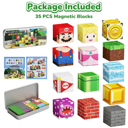 MEIQ Mini Magnetic Blocks STEM Toys for Kids Ages 3-8, 35PCS Travel Building Set with Magnetic Storage Tin Box, Educational Construction Toys for Toddlers, Preschool Birthday Gift for Boys & Girls