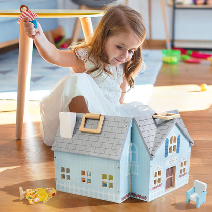WOODMAM Foldable Wooden Dollhouse with 2 Dolls & Pet Set, 20PCS Furniture Wooden Doll House for Girls Age 3-6, Portable Pretend Play Toy, Christmas Birthday Gift for Toddlers