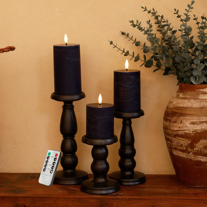 AFINETH Navy Blue Flameless Candles, Real Wax Battery Operated Candles with Remote, Flat Top Flickering LED Pillar Candles for Home Party Wedding Holiday Decor, Set of 3 (H 4" 5" 6" x D3)