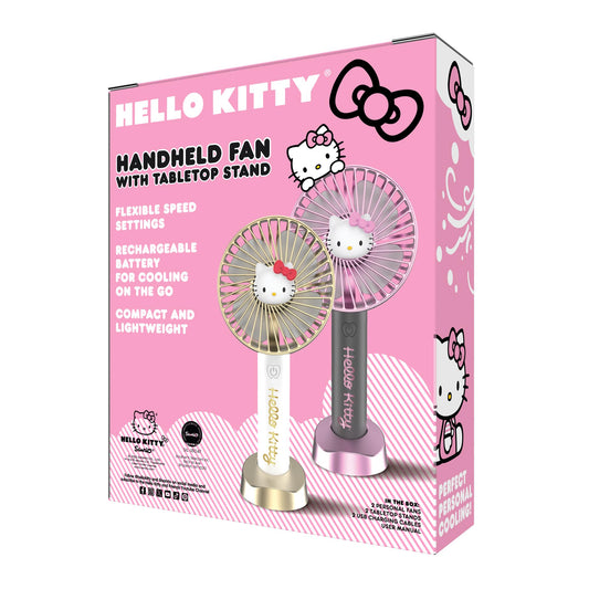 Hello Kitty 2-Pack Handheld Fan with Tabletop Stand - Multi-Speed Settings, Rechargeable Battery, Portable and Compact Design - Ideal for Home, Office, and Outdoor Use - Includes USB Charging Cable