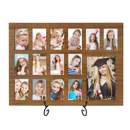 FramePro School Years Picture Frame Pre K to 12 Wooden Graduation Gift Collage Frame with Stand Easel, Displays One 4x6 and Twelve 2x3 Wallet Photos