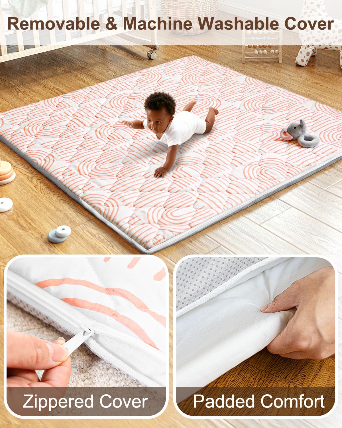 Beavtaens Foam Baby Play Mat 50x50, Removable and Machine Washable Cover, Thicken Cushioning Playmat and Perfect for Playpen, Non-Slip Bottom, Easy to Clean for Infants, Toddlers & Babies(Rainbow)
