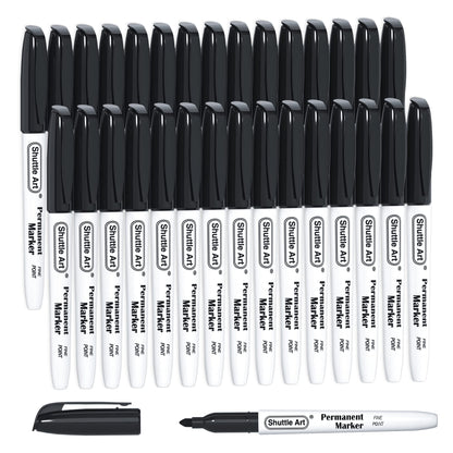 Shuttle Art Permanent Markers, 30 Pack Black Permanent Marker set, Fine Point, Works on Plastic, Wood, Stone, Metal and Glass for Doodling, Marking