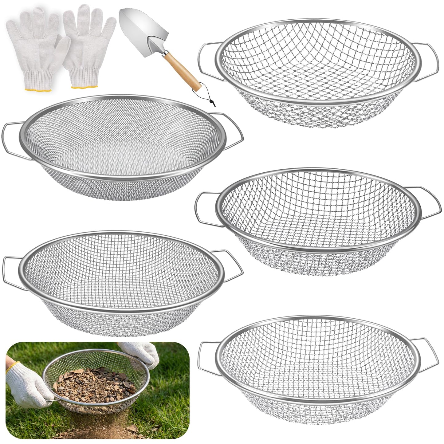 5PCS Soil Sifter, Gardening Soil Sifter with Handle Rock Compost Sifting Screen for 5 Gallon Buckets Garden Metal Sieve Strainer with Shovel 2,4,6,8,10mm Mesh Sizes Remove Stone Fine Gravel Sand Dirt