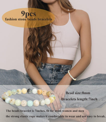 BOMAIL 9PCS Natural Crystal Bracelets for Women Men - 8mm Semi-Precious Gemstone Beaded Bracelets, Round Gemstones Stretch Bracelet, Yoga Bracelets Jewelry