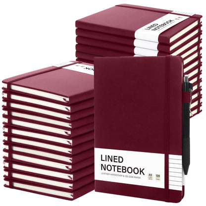 Aodaer 30 Set Lined Notebook Journals with Pens A5 Notebooks 100 GSM College Ruled Hardcover Notebook PU Leather Notepad with Pen Holder for Office School, 5.7 x 8.3 Inches, Burgundy