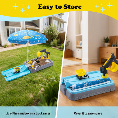 VROGTIK Kids Excavator Sandbox with Umbrella & Cover, Construction Sandbox Set with Beach Toys & Dump Truck, Outdoor Educational Play Set for Toddlers Ages 3-12