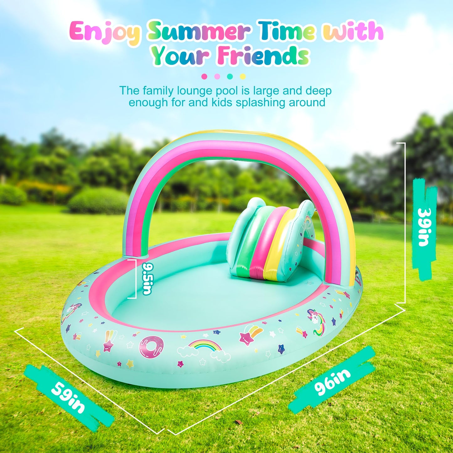 SULIFEEL Rainbow Unicorn Inflatable Play Center Kiddie Pool with Slide and Sprinkler for Children, 96''x59''x39''in Baby Pool for Backyard and Garden