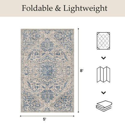GENIMO Outdoor & Indoor Area Rug 5'x8', Waterproof, Non-Shedding, Easy Cleaning, Boho Front Door Mat for Patio, Entryway, Porch, Living Room, Bedroom, Bathroom, Outside Carpet Beige Blue