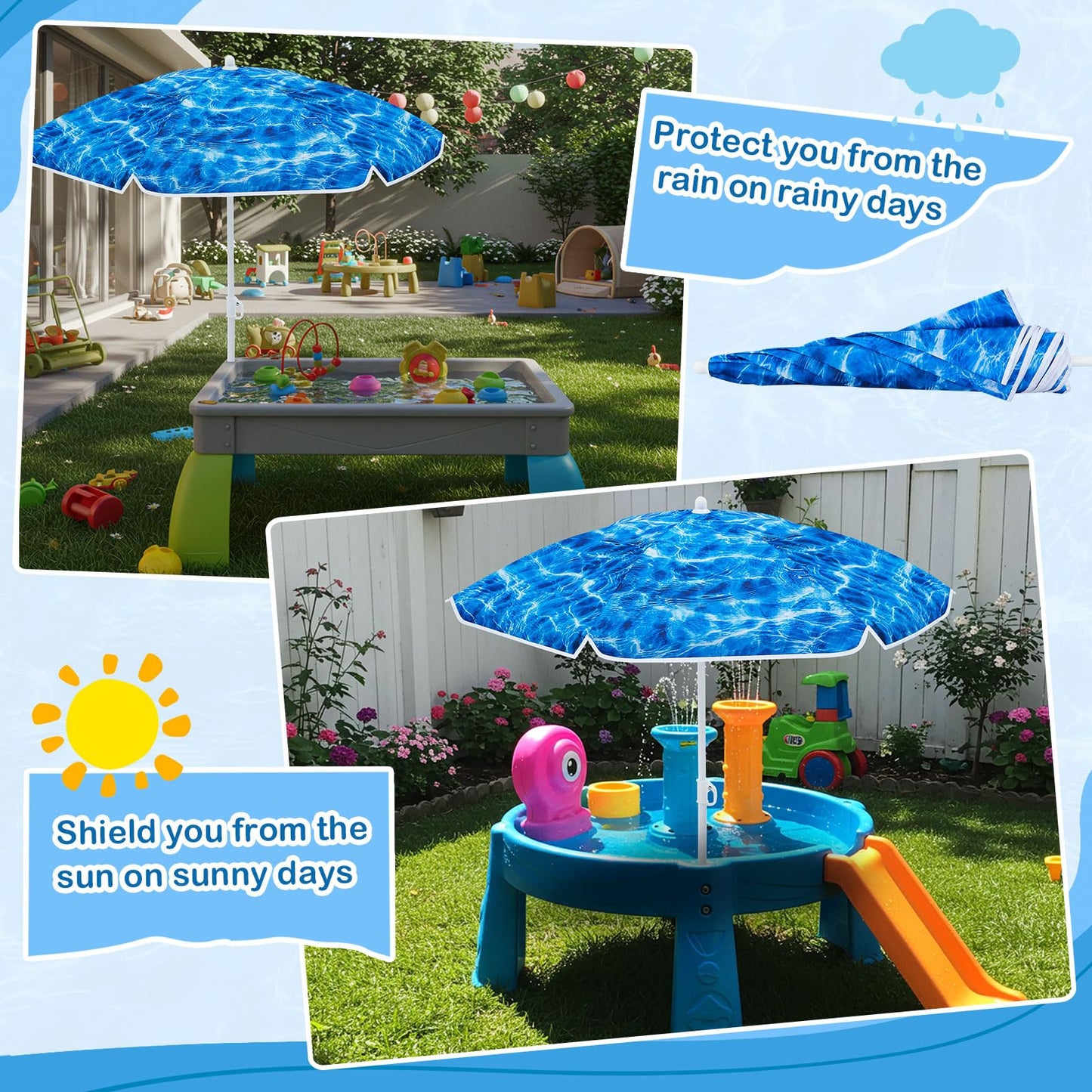 Sweetude Water Table Umbrella (Table Not Included), Kids Seaside Beach Umbrella Picnic Canopy for Summer Toddlers Sand Beach Camping Garden Outdoor Pool Shade Party Supply(Ocean Wave Theme)