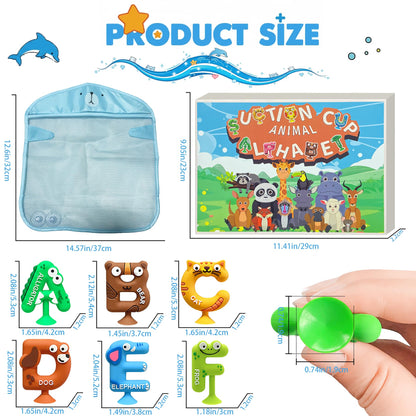 Mold Free Suction Bath Toys for Kids 26PCS, Bathtub Silicone ABC Alphabet Educational Montessori Sensory Toys for Baby/Toddlers, No Hole Animal & Letters Learning Toy with Storage Net for Autism/ADHD