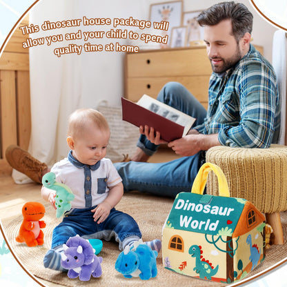 LaRandom 5 Pcs Dinosaur Plush Toys Set with Carry House, 4 Small Stuffed Dinosaurs and Playmat Bag for Dino Birthday Party Favors Goodie Bag Fillers Stocking Stuffers Classroom Prize Gifts
