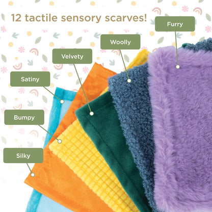 MindWare Sensory Sprouts Tissue Scarf - Montessori Toys for Babies 6-12 Months - Soft Greenhouse-Shaped Tissue Box and 12 Sensory Scarves Featuring Different Textures
