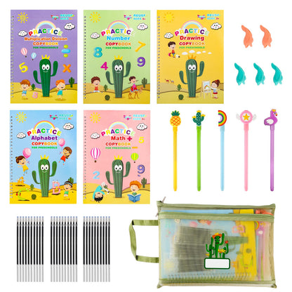 PracticeJQDEN Large Reusable Grooved Handwriting Practice Workbooks for Kids Ages 3-8 Magic Disappearing Ink & 3D Groove Preschool Kindergarten Children Writing Books 5-Book Set with Pen Grips
