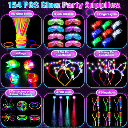 SHQDD 154PCS Glow in the Dark Party Supplies, Neon Party Accessories for Kids & Adults with Connectors and Glow Sticks to DIY, Light up Party Favors for Birthday, Concert, July 4th, Halloween