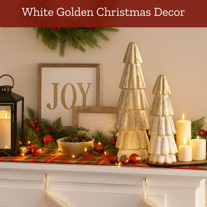 Mie Creations Christmas Tree Figurines, Set of 2 Wooden Decorative Trees for Home, Living Room, Table Centerpiece, Fireplace Mantel, Xmas Indoor Decor, Elegant White & Gold Christmas Trees-11,8 inch