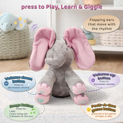 Dimple Kaia Peek A Boo Elephant Toy, Interactive Singing Stuffed Animal Plush with Moving Ears, Musical Stuffed Animal for Babies and Toddlers, Adorable Elephant Baby Toy