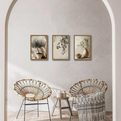3Pcs Wooden Framed Tree Botanical Canvas Wall Art Mediterranean Olive Branch Painting Prints Poster, Rustic Farmhouse Neutral Picture Decor for Living Room Bedroom Kitchen Dining Room 12x16in