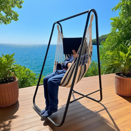 Hammock Chair with Stand,Hammock Chair Stand with Hanging Swing Chair Included,Weather Resistant Hammock Stand Max 450 Lbs,Saving Space Swing Stand for Indoor Outdoor Patio Yard Patented(Coffee)