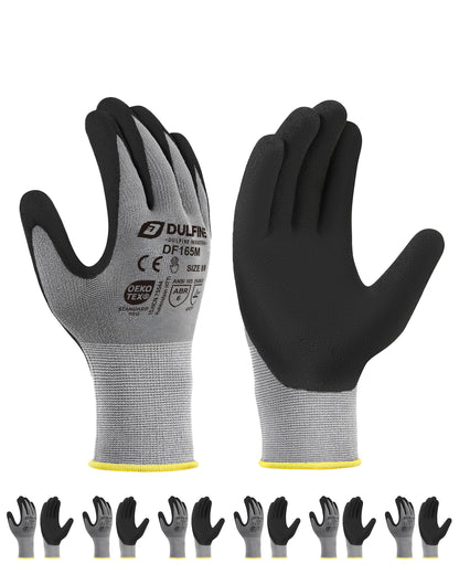 DULFINE Work Gloves for Men and Women,Grey Knit Nylon Glove with Touchscreen MicroFoam Nitrile Coated-6 Pairs Pack,Ideal for General Purpose,Automotive,Home Improvement,Painting(Small)