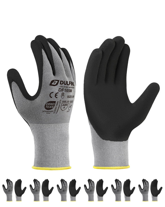 DULFINE Work Gloves for Men and Women,Grey Knit Nylon Glove with Touchscreen MicroFoam Nitrile Coated-6 Pairs Pack,Ideal for General Purpose,Automotive,Home Improvement,Painting(Small)
