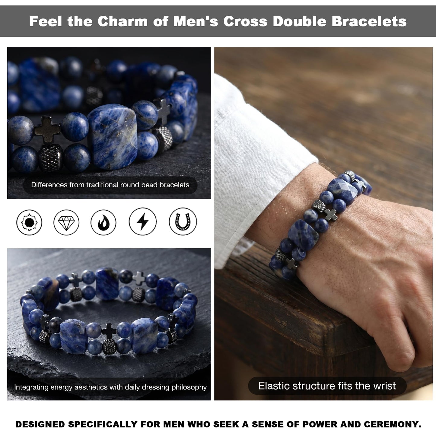 Christian Gifts for Men, Jesus Cross Bracelet for Men Handmade Double Elastic Beaded Bracelets Natural Crystal Gemstone Religious Jewelry for Boyfriend Husband Birthday Anniversary (Sodalite)