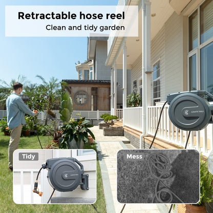 Giraffe Tools Retractable Hose Reel 1/2 in x130 FT PRO Metal Bracket Wall Mounted Heavy Duty Hose Reel with 9 Pattern Nozzle 180 Deg Swivel, Metal Bracket Any Length Lock (1/2 130FT PRO, Dark Grey)