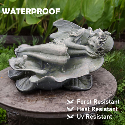 hvfun Garden Fairy Statue,Garden Sleeping Angel on Lotus Leaf with Bird Feeder Feature Outdoor Decor Sculptures Figurine Gardening Lawn