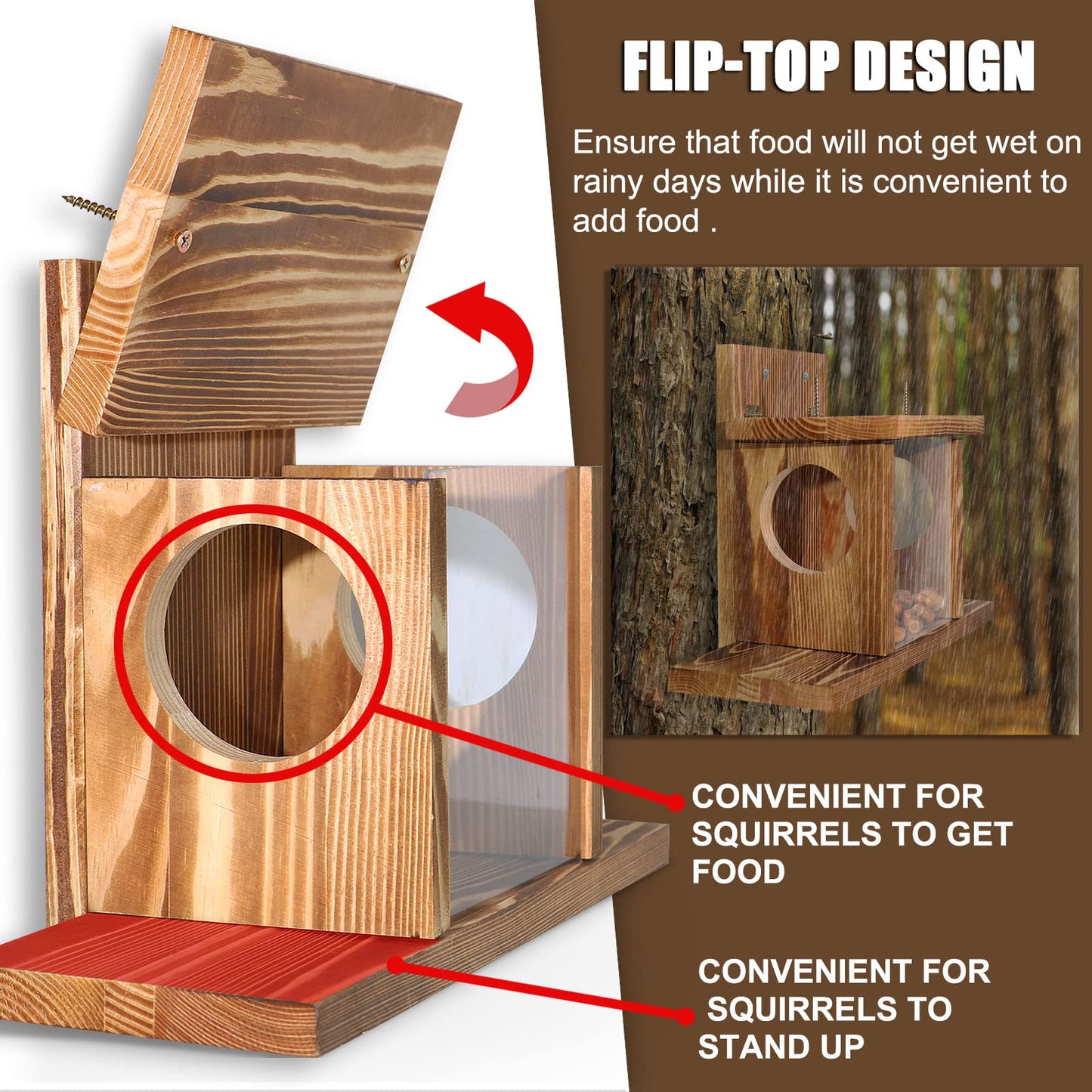 Carbonized Wood Squirrel Feeder, Squirrel Feeders for Outside Winter, Durable Squrrill House Box Easy to Fill with Removable Front Panel, Wooden Chipmunk Feeder for Corn, Peanuts
