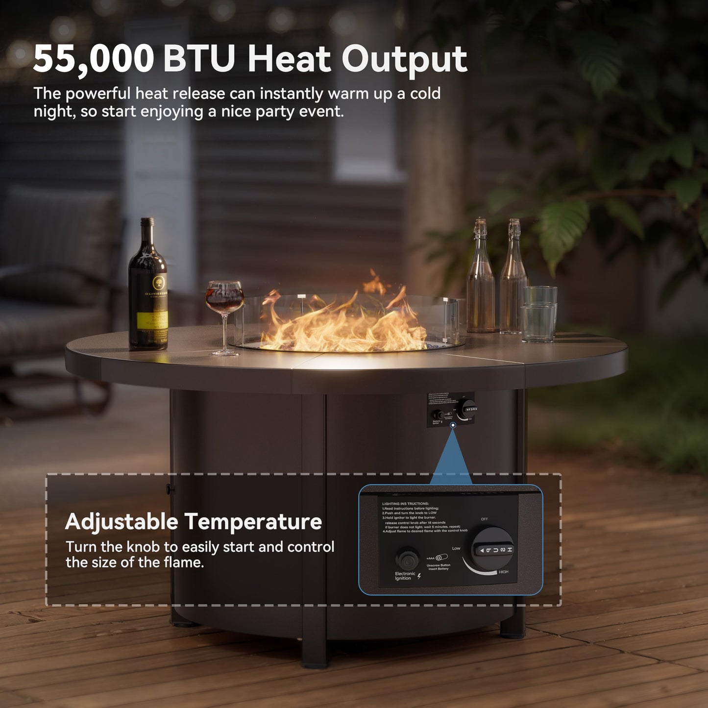 Kullavik 48" Round Propane Fire Pit Table,55000 BTU Auto-Ignitiongas Gas Fire Table with Fire Glass and Lid,Waterproof Cover and Pumice Stone for Patio,Balcony,Garden